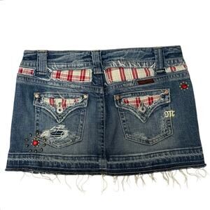 Missme Rare Y2K Denim Plaid Studded Gem Micro Mini Skirt Size Medium Low Rise